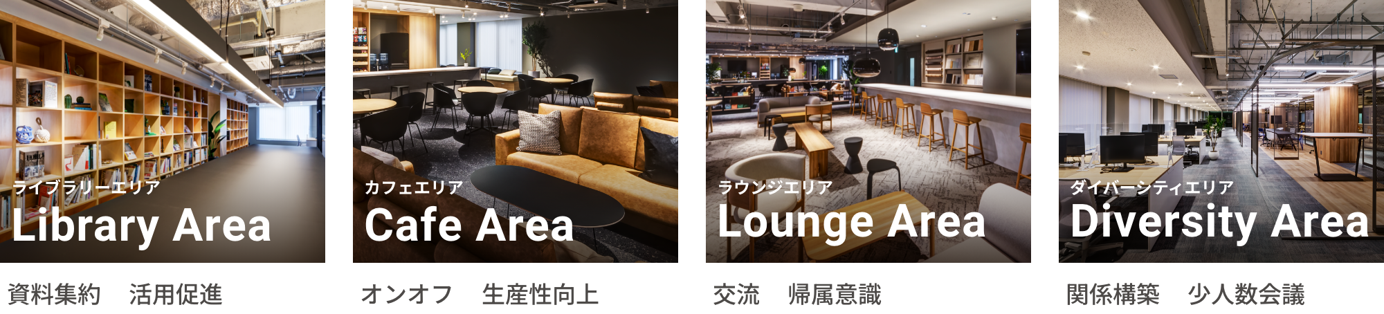 ライブラリーエリア Library Area 資料集約 活用促進 カフェエリア Cafe Area オンオフ 生産性向上 ラウンジエリア Lounge Area 交流 帰属意識 ダイバーシティエリア Diversity Area 関係構築 少人数会議